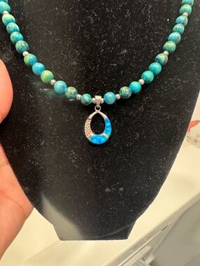 Turquoise Beaded Necklace set in 925 silver with Blue Opal Pendant Gorgeous!